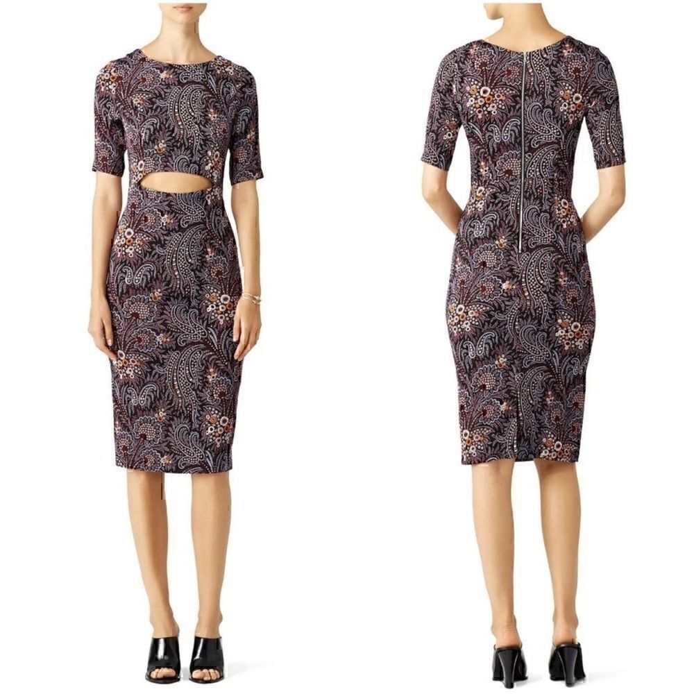 Suno Cut Out Midi Dress 2 Black Purple Paisley Floral Sheath Silk Designer